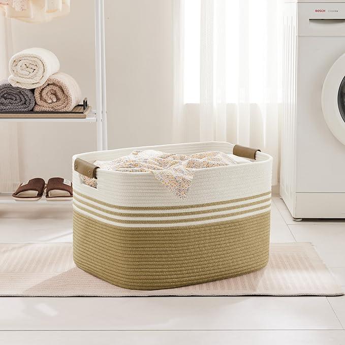 86L Extra Large Laundry Basket with Leather Handles for Living Room Storage, Woven Rope Baskets for Blanket, Kids Toy, Gifts, Wicker Hamper for Bedroom Dirty Clothes, 24"x16"x14" Khaki - ModernBath