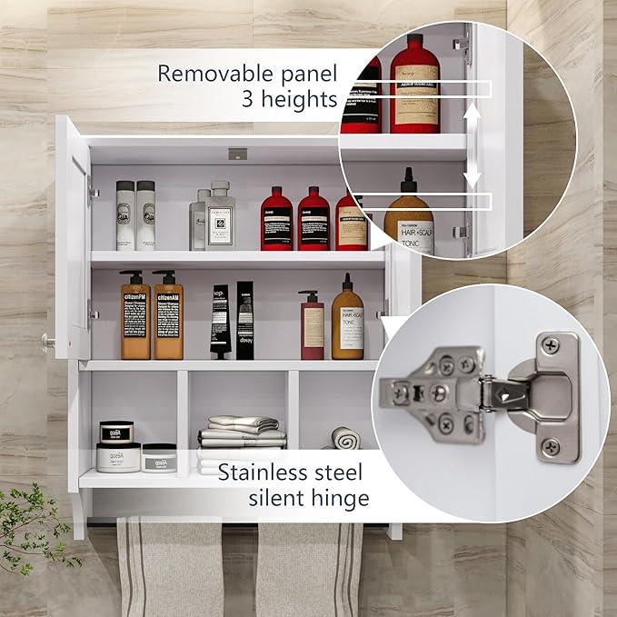 Bathroom Medicine Cabinet, Bathroom Cabinet Wall Mounted Over-The-Toilet with Towel Bar, 2 Doors & 3 Open Shelves, White - ModernBath