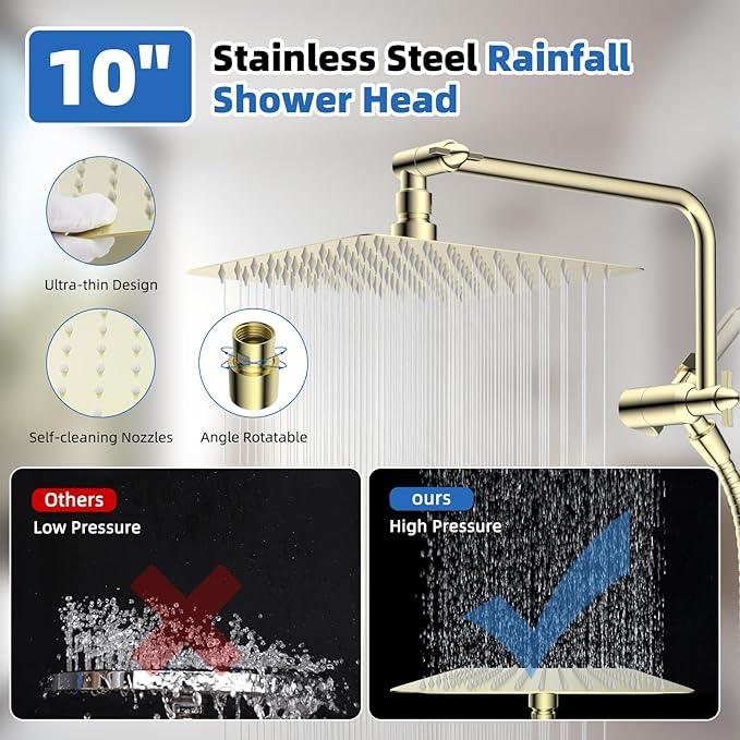 All Metal Shower Head, 10" High Pressure Rainfall/Handheld Shower Combo with 11" Extension Arm, 10-Spray Handheld Showerhead, 71" Long Hose, 3-Way Diverter Valve, Shiny Gold - ModernBath