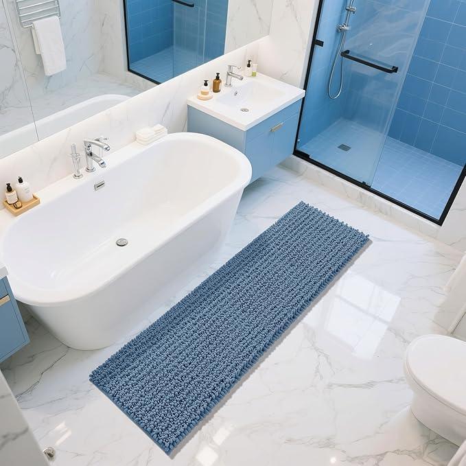 Yimobra Bathroom Runner Rug 70x24 Inch - Extra Long Non Slip Chenille Bath Mat, Soft & Absorbent, Machine Washable Shaggy Hallway Carpet for Vanity Tub Shower, Denim Blue Home Decor Accessories - ModernBath