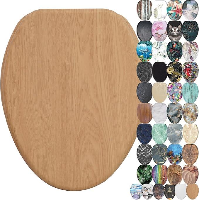 SANILO Wooden Toilet Seat with Soft Close [ELONGATED] - Decorative, Quiet & Slow Close Molded Wood Seat - With Strong Bumpers & Hinges - Adjustable Fit - Wood - ModernBath