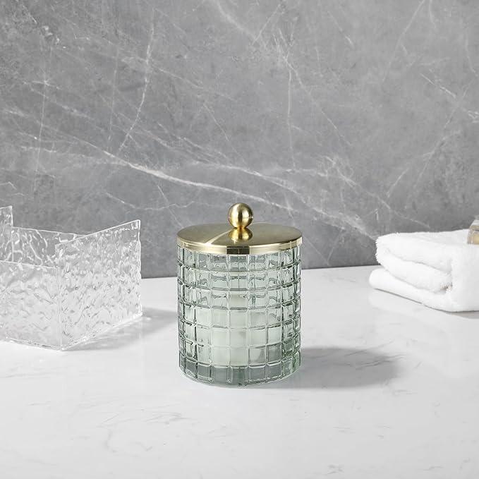 Indecor Home Sage Colored Tranlucent Apothecary Etched Geometric Grid Glass Jar W/Gold Metal Lid Cover for Bathroom Organization, Cotton Balls, Q Tips, and Small Accessories, Bathroom Storage - ModernBath