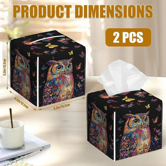 Coloful Owl Butterfly Tissue Box Cover 2PCS, Leather Tissue Box Holder Square Facial Paper Case Tissue Box Cube Organizer for Bathroom Bedroom Desk Office - ModernBath
