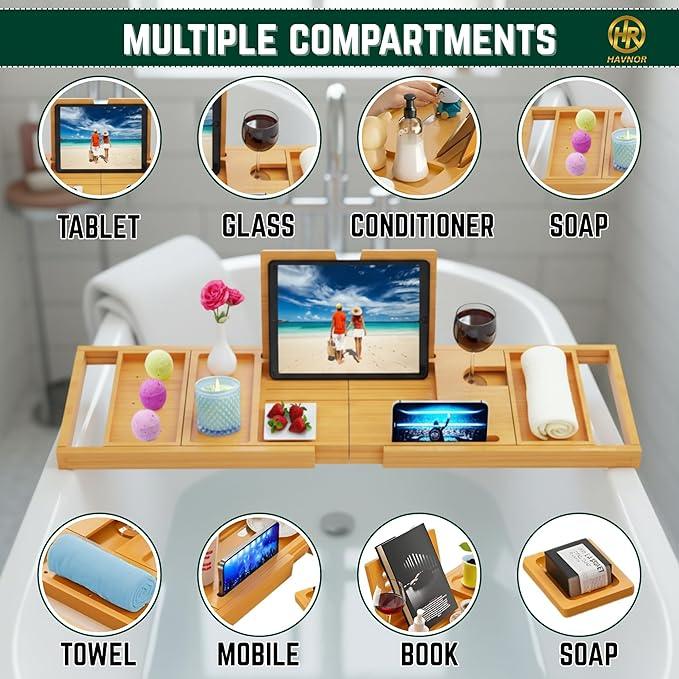 Bamboo Bathtub Caddy Tray Expandable & Foldable Bath Shelf with Book, Tablet & Wine Holder Adjustable Wooden Bath Tray for Relaxing Spa at Home – Fits Most Tub Sizes. - ModernBath