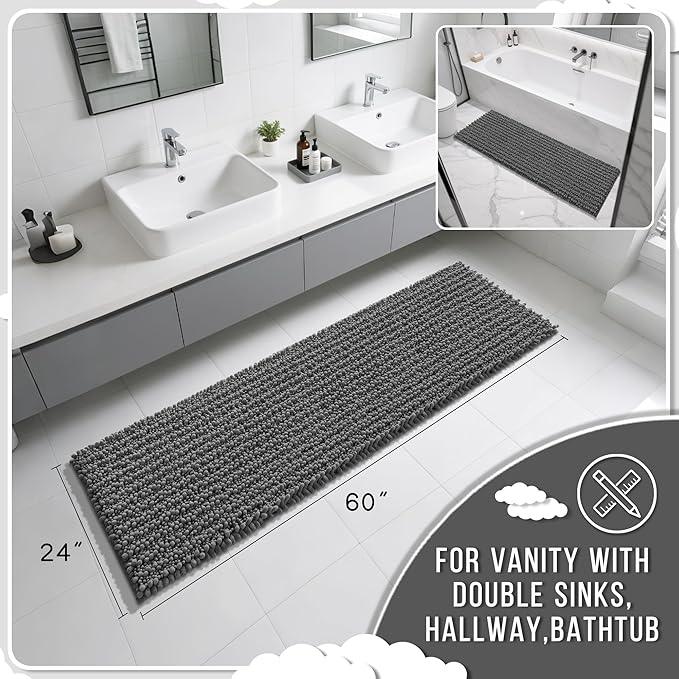 Yimobra Bathroom Runner Rug 60x24 Inch - Extra Long Non Slip Chenille Bath Mat, Soft & Absorbent, Machine Washable Shaggy Hallway Carpet for Vanity Tub Shower, Dark Gray Home Decor Accessories - ModernBath
