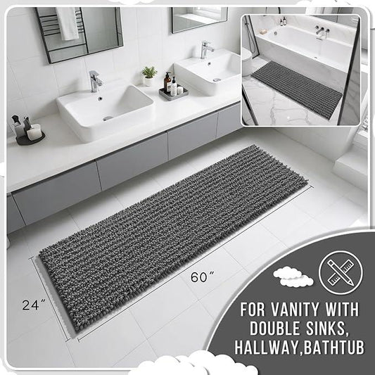 Yimobra Bathroom Runner Rug 60x24 Inch - Extra Long Non Slip Chenille Bath Mat, Soft & Absorbent, Machine Washable Shaggy Hallway Carpet for Vanity Tub Shower, Dark Gray Home Decor Accessories - ModernBath