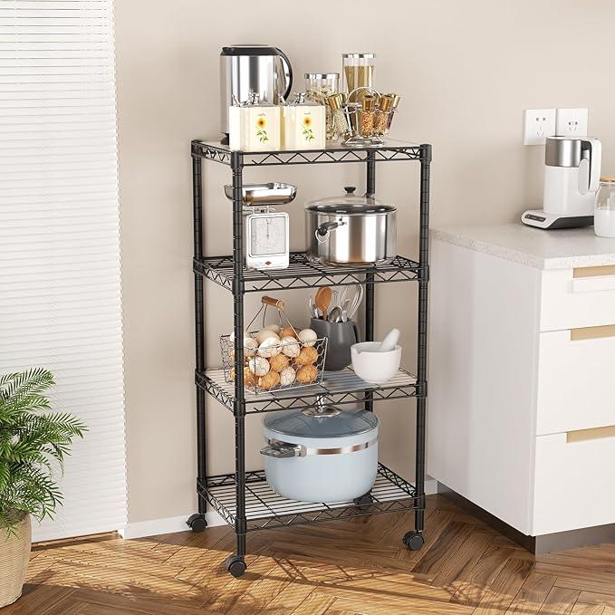 SINGAYE 4 Small Shelves Storage Shelf Wire Shelving Unit Metal Shelf Adjustable Organizers Storage Shelving with Wheels for Bathroom Laundry Room Kitchen Pantry12”D x 18”W x 45”H Black - ModernBath