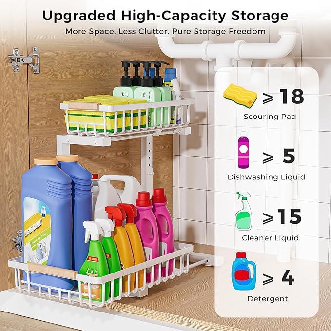 Under Sink Organizer,2 Pack Under Kitchen Sink Organizer,2 Tier Sliding-Out,5 Level Height Adjustable,Thickened Carbon Steel,Anti-rust Treatment,For Kitchen Bathroom White - ModernBath
