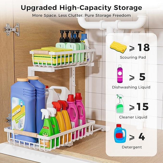 Under Sink Organizer,2 Pack Under Kitchen Sink Organizer,2 Tier Sliding-Out,5 Level Height Adjustable,Thickened Carbon Steel,Anti-rust Treatment,For Kitchen Bathroom White - ModernBath