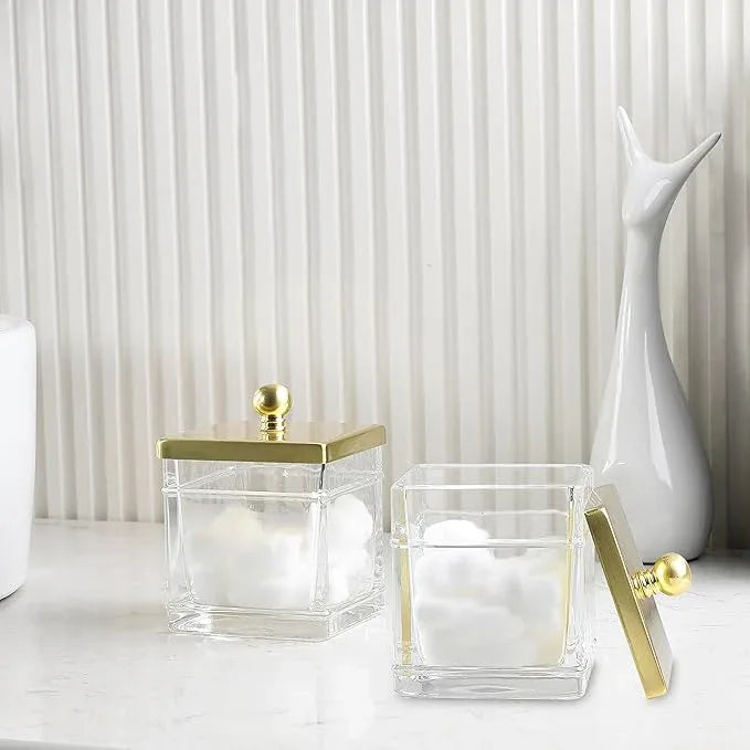 Indecor Home Glass Cotton Jar Holder 2 Pack– Brushed Gold Lid, Elegant Bathroom Storage Canister for Qtips, Cotton Balls, Floss, Makeup Organizer, Vanity & Bathroom Organization - ModernBath