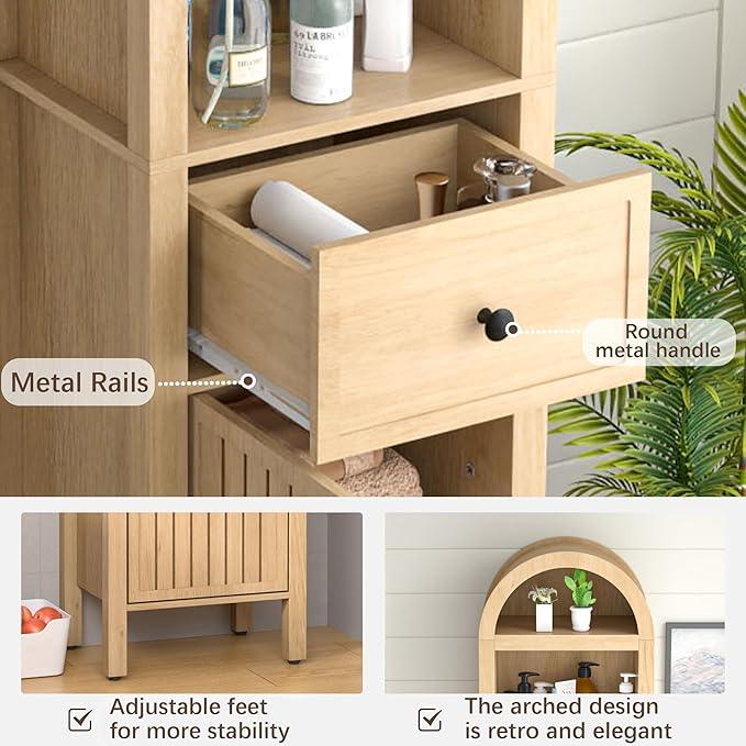 64" Tall Bathroom Storage Cabinet with Adjustable Shelves,Tall Narrow Arched Freestanding Tower Cabinet with Fluted Doors and Drawers,Space Saving Organizer for Bathroom Living Room (Oak) - ModernBath