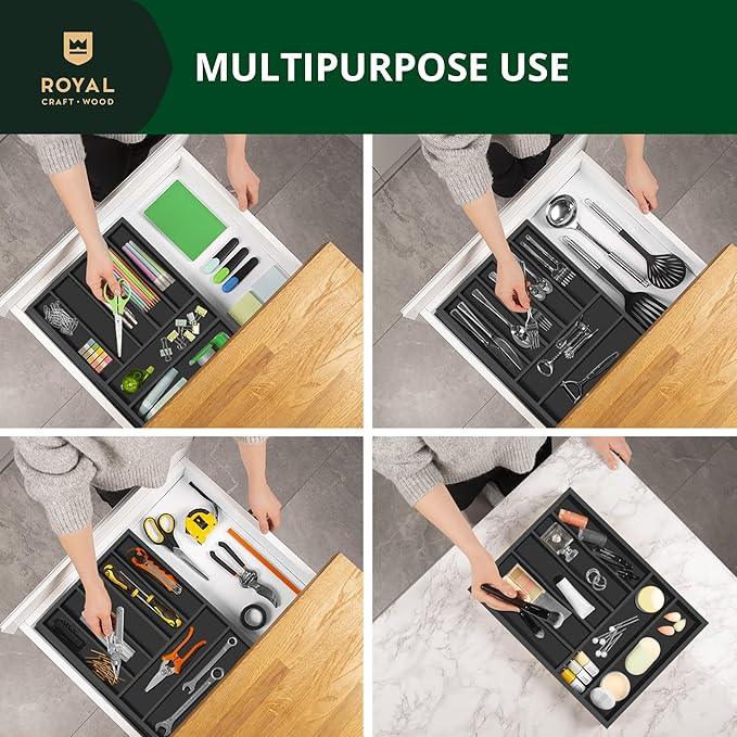 ROYAL CRAFT WOOD Luxury Bamboo Kitchen Drawer Organizer - Silverware Organizer - Utensil Holder and Cutlery Tray with Grooved Drawer Dividers for Flatware and Kitchen Utensils (7 Slot, Black) - ModernBath