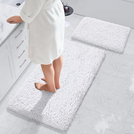 Yimobra Bathroom Rug Set 2 Piece, Luxury Shaggy Bath Mat Set with Non Slip Backing, Ultra Soft & Absorbent Mats for Bathroom Floor, Machine Washable, 44"x24"+24"x17", White - ModernBath
