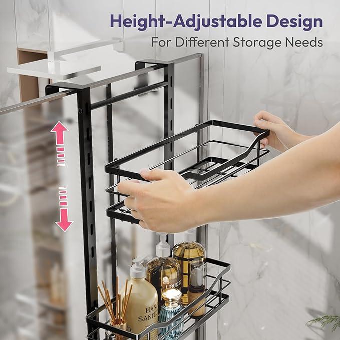 SWTYMIKI Over the Door Shower Caddy - 4 Tier Adjustable Shower Organizer Hanging with Soap Holder, No Drilling Stainless Steel Bathroom Rack Hanging for Body Wash, Shampoo, Soap, Razor, Black - ModernBath