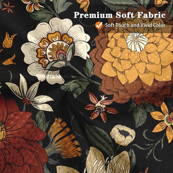 Culudea Boho Floral Black Shower Curtain Set, Vintage Flower Peony Plant Bathroom Window Waffle Textured Cloth Waterproof Shower Curtains for Bathroom Decor - ModernBath