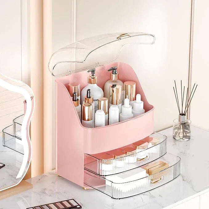 Makeup Organizer Countertop Vanity with Transparent Lid Drawers Waterproof Dustproof Cosmetic Skincare Bathroom Storage Gift for Women Teens Girls (Pink) - ModernBath