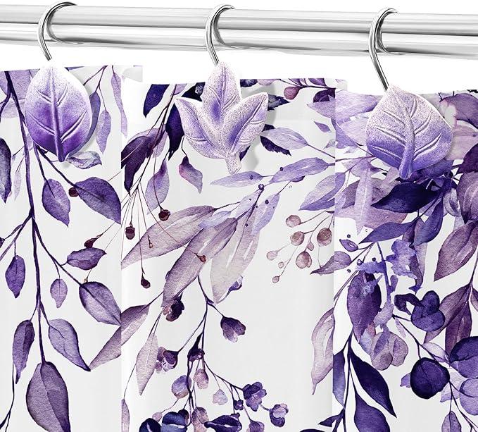 Gibelle 12PCS Leaves Shower Curtain Hooks, Purple Plant Leaf Decorative Shower Curtain Hooks Metal Rustproof Cute Eucalyptus Shower Curtain Rings Bathroom Decoration Accessories - ModernBath
