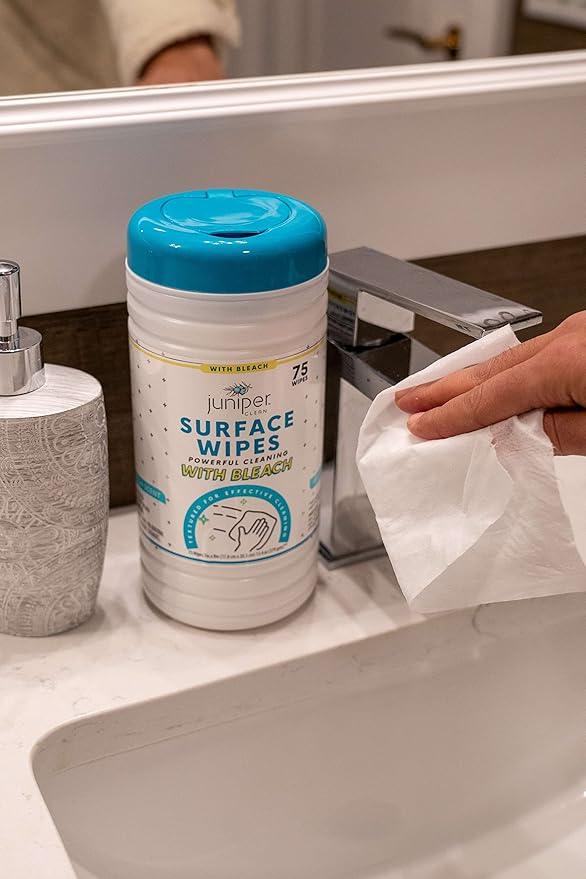 Juniper CLEAN 1 Pack Surface Cleaning Wipes with Bleach, All-Purpose Cleaner for Bathroom, Kitchen, Office, 75 Count Canister, 7.5" x 7" Sheet, Fresh Scent, Lint Free & Durable - ModernBath