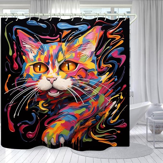 LYFANS Bathroom Using Colorful Oil Painting Cat 3D Shower Curtains, Luxury Bathtub Standard Shower Curtain, Waterproof and Bright Fabric Shower Curtain， Size (72x72 Inches) - ModernBath