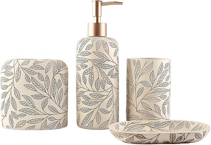 Hymmah Bathroom Accessories Set,Toothbrush Holder,Farmhouse Bathroom Decor,4 Pcs Resin Gift Set Apartment Necessities, Contain Toothbrush Cup,Soap Dispenser,Soap Dish,Tumbler - ModernBath