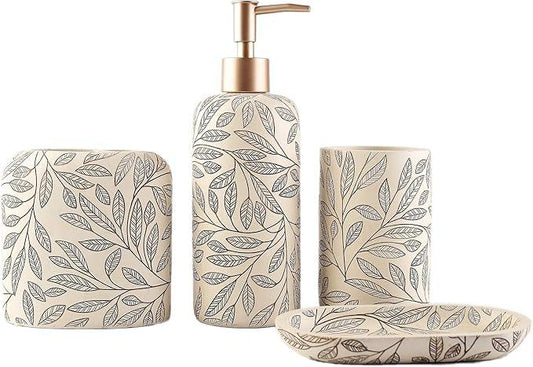 Hymmah Bathroom Accessories Set,Toothbrush Holder,Farmhouse Bathroom Decor,4 Pcs Resin Gift Set Apartment Necessities, Contain Toothbrush Cup,Soap Dispenser,Soap Dish,Tumbler - ModernBath