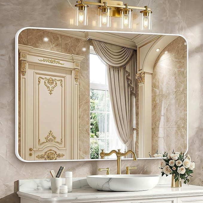 BONEWEI White Bathroom Mirror,36x48 inch Wall Mirror for Bathroom Wall Mounted,Rectangle Mirror for Bathroom Over Sink,Modern Frame Round Corner for Living Room,Bedroom Entryway,Horizontal/Vertical - ModernBath