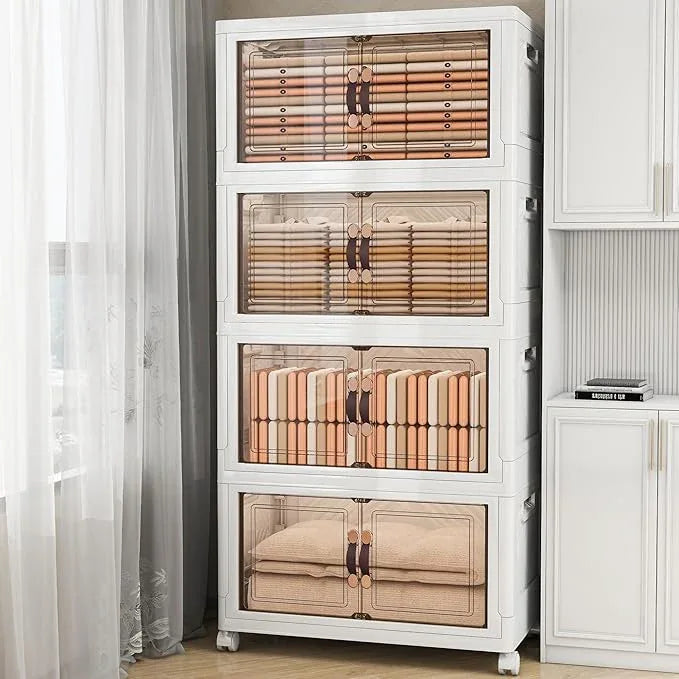 Storage Bins with Lids and Wheels, 660QT-165QT*4Tier Collapsible Bathroom Storage Cabinet with Clear Doors, Plastic Stackable Closet Organizers and Containers White - ModernBath