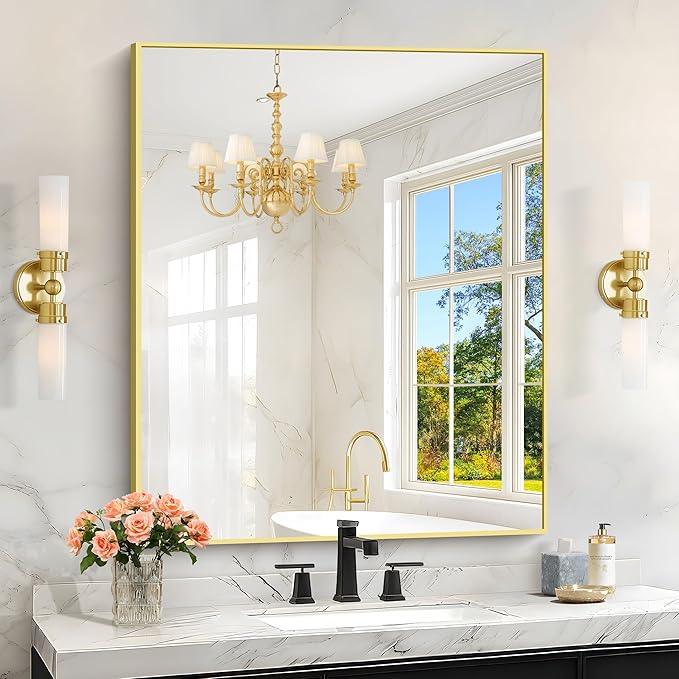 KOCUUY Gold Bathroom Mirror, 30"x36" Rectangle Bathroom Mirror for Wall, HD Tempered Glass, Anti-Rust Frame, Modern Design for Bathroom, Bedroom, Living Room, Entryway - ModernBath