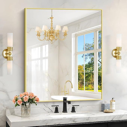 KOCUUY Gold Bathroom Mirror, 30"x36" Rectangle Bathroom Mirror for Wall, HD Tempered Glass, Anti-Rust Frame, Modern Design for Bathroom, Bedroom, Living Room, Entryway - ModernBath