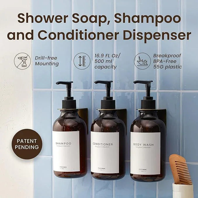 MaisoNovo Shampoo and Conditioner Dispenser - Shower Soap Dispenser Wall Mounted - 16.9 fl oz Set of 3 Amber Plastic Bottles Black Pump - 3 Chamber No Drill - ModernBath