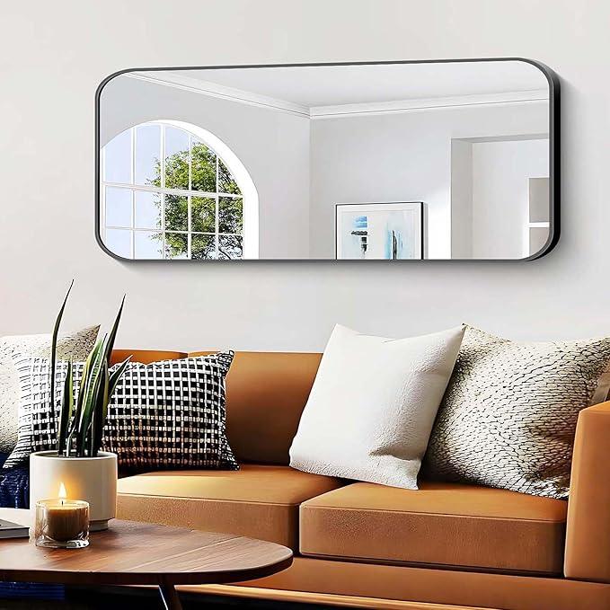CIVENO Bathroom Mirror, 48 x 24 inch Black Rectangle Wall Mirror, Metal Framed Rectangular Vanity Mirror, Rounded Corner Wall Mounted Mirror for Modern Bedroom Living Room Horizontal/Vertical - ModernBath