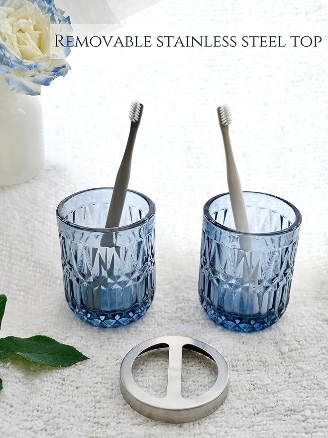 LaMarriti Blue Bathroom Accessories Set, 5Pcs Clear Glass Bathroom Accessories, Hand Soap Dispenser, Soap Dish, Toothbrush Holder Set, Qtips Holder for Crystal Vintage Bath Countertop Decor, Gift Set - ModernBath