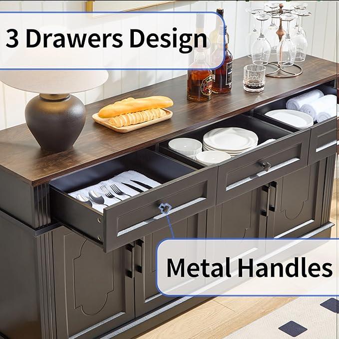63" Black Buffet Sideboard Cabinet with 4 Doors and 3 Drawers, Modern Farmhouse Kitchen Storage Cabinet, Coffee Bar Cabinet with Adjustable Shelves, Kitchen Living Room Storage, Dining Room - ModernBath
