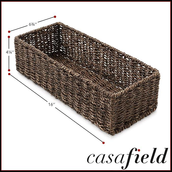 Casafield Set of 2 Bathroom Storage Baskets, Espresso - Seagrass, 16" W x 6.75" D x 4.25" H, Woven Toilet Tank Topper Bins for Organizing Tissues, Toilet Paper, Toiletries, Shelves - ModernBath