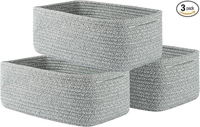 Small Woven Basket, 13.5 x 9.5 x 5 Inches, Storage Basket for Organizing, Cute Small Rope Shelf Closet Cube Storage Bins Baskets for Shelves, Dog Toy Gift Baskets Empty, 3 Packs, Mixed Grey - ModernBath