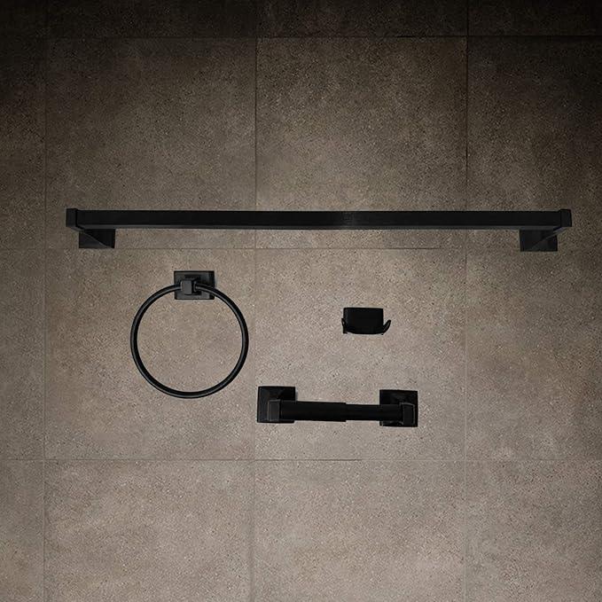 SENTO Cellar Classic Bathroom Accessories Set, Heavy Duty Metal Bath Hardware Set Wall Mounted, Includes Robe Hook, Standard Toilet Paper Holder, Towel Ring, 24” Towel Bar (4-Piece, Matte Black) - ModernBath