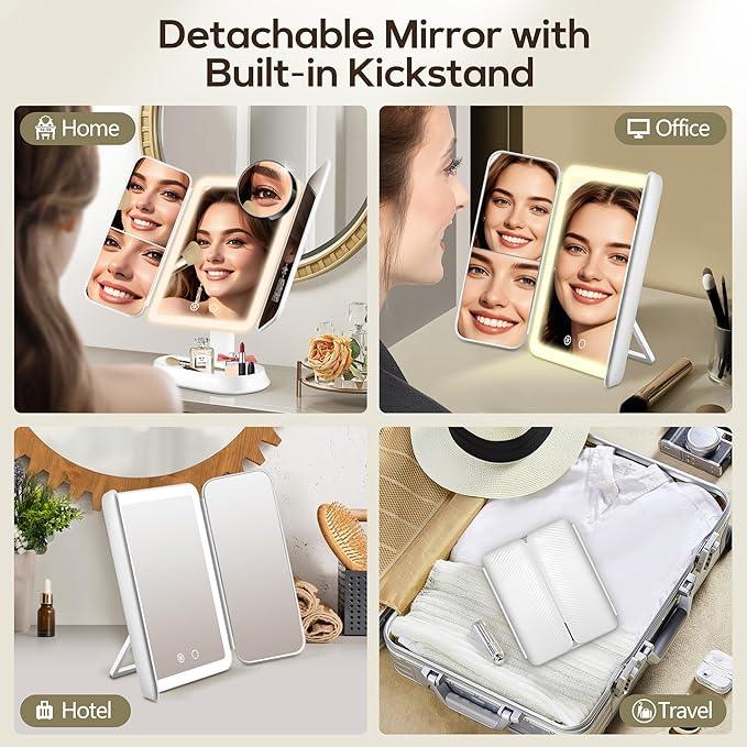GOMIPURU Vanity Mirror with Lights, Lighted Makeup Mirror with 30X/10X/5X Magnification, Rechargeable Trifold Mirror with 3 Color & Adjustable Brightness, Travel Makeup Mirror with Lights for Desk - ModernBath