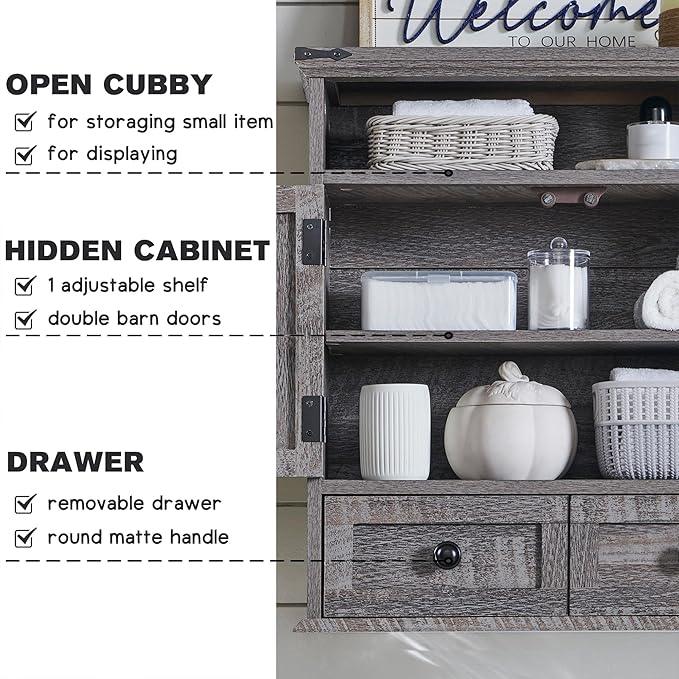 ACCOHOHO Bathroom Wall Cabinet, Farmhouse Medicine Cabinet, 24" Wide Cabinet with Drawer, Adjustable Shelf, Double Barn Doors, Storage Cabinet for Bathroom, Kitchen, Living Room, Grey Wash - ModernBath