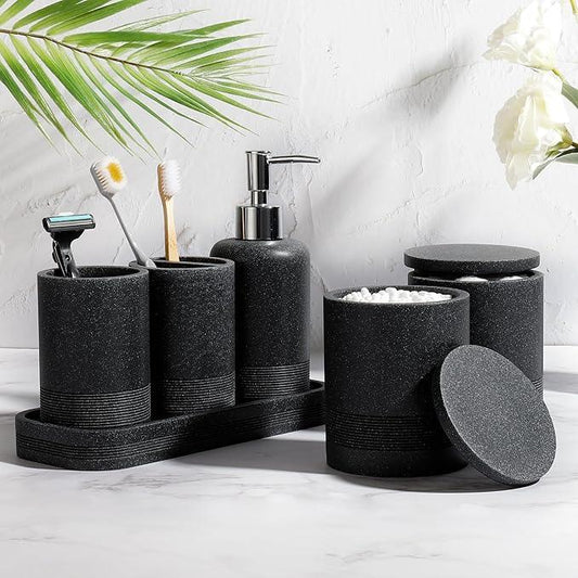Bathroom Accessories Set, 6-Piece Bathroom Accessory Set, Toothbrush Holders Set, Soap Dispenser, Vanity Tray, Tumbler, Cotton Swab Jars, Bathroom Organizer for Modern Bathrooms(Black) - ModernBath