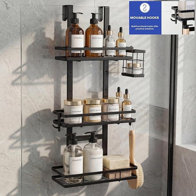 WEYALLE Over the Door Shower Caddy Hanging, Rustproof Shower Shelves with Waterproof Phone Pouch, 3-Tier Adjustable Bathroom Organizers and Storage, No Drilling Shower Shelf, Black Shampoo Soap Holder - ModernBath