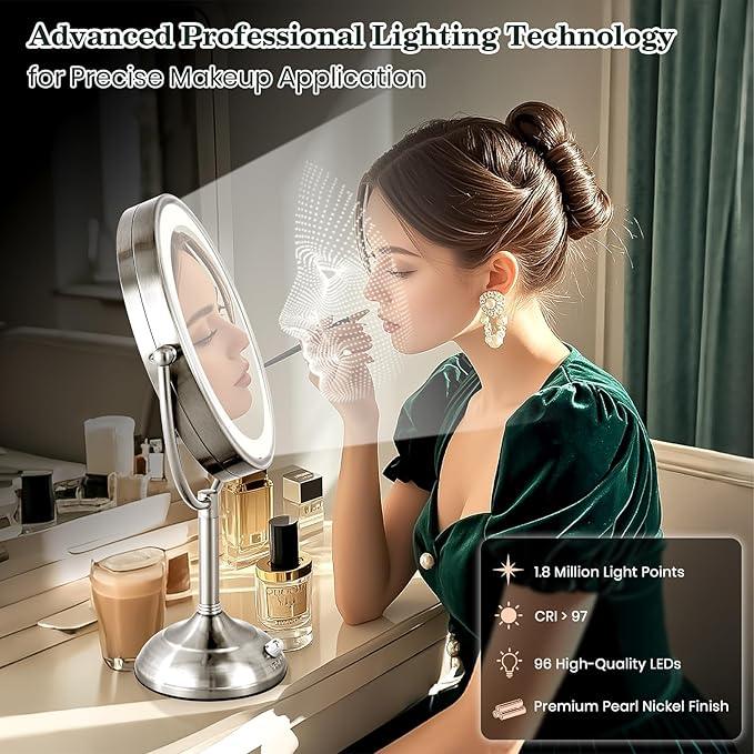 VESAUR 11.8" Extra Large 17" Tall Lighted Makeup Mirror, 1X/5X/10X 3-Sided Magnifying Mirror with 96 LEDs, 3 Color Dimmable Lights, 360° Swivel Dual Power Vanity Mirror, Nickel Finish Luxury Gift Box - ModernBath