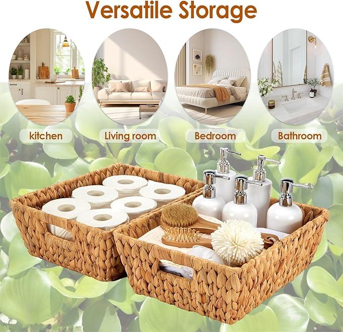 Wicker Baskets 2 Pack, Water Hyacinth Wicker Storage Basket with Handles for Organizing, Handmade Large Baskets, Natural - ModernBath