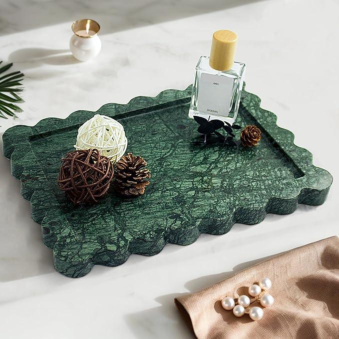 YMXYJM Genuine Indian Green Scalloped Marble Tray, Real Natural Marble Stone Trays, Luxury Decorative Trays for Bathroom, Dresser, Vanity, Home Decor, 10.6" x 8", Dark Emerald Green - ModernBath