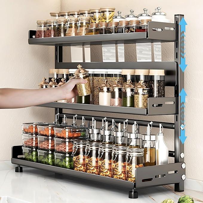 Spice Rack Organizer, 3-Tier Height-Adjustable Kitchen Countertop Spice Organizer Shelf, Metal Rust-Proof Standing Large Seasoning Organizer with Guardrail & Knife Block for Kitchen Bathroom - ModernBath