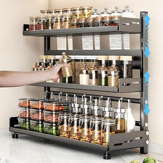 Spice Rack Organizer, 3-Tier Height-Adjustable Kitchen Countertop Spice Organizer Shelf, Metal Rust-Proof Standing Large Seasoning Organizer with Guardrail & Knife Block for Kitchen Bathroom - ModernBath