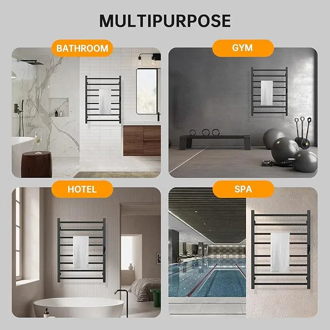 Towel Warmer Rack, Heated Towel Racks for Bathroom, Wall Mounted Towel Warmer, Stainless Steel 8-Bars Drying Rack with Intelligent Touch Screen Timer, Matte Black - ModernBath