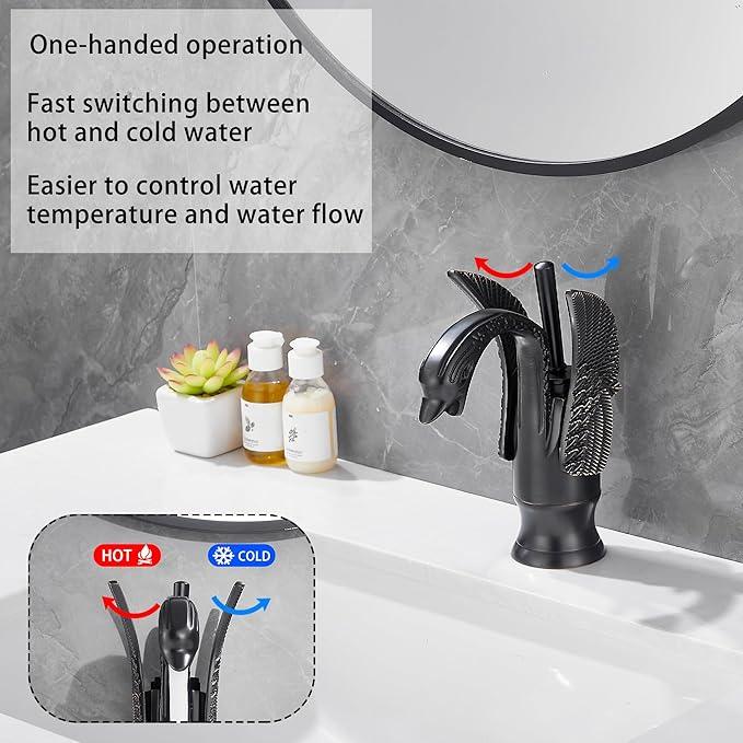 GGStudy Oil Rubbed Bronze Bathroom Faucet Swan Shape Single Handle One Hole Bathroom Vanity Faucet Basin Tap Deck Mount Lavatory - ModernBath