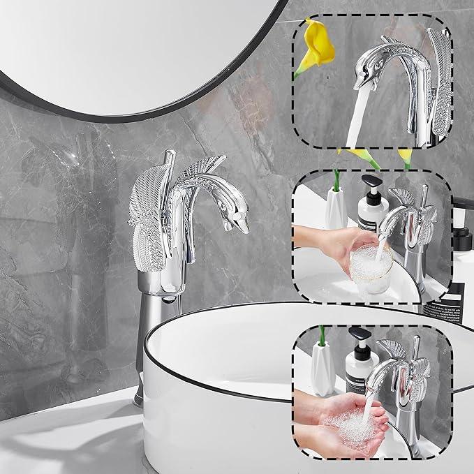 GGStudy Chrome Swan Shape Single Handle One Hole Bathroom Vessel Sink Faucet Deck Mount Lavatory Sink Faucet - ModernBath