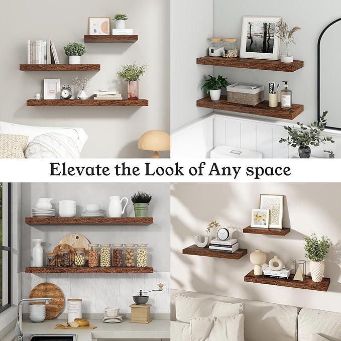 Floating Shelves for Wall, Wall Mounted Rustic Wood Shelves for Bathroom, Bedroom, Living Room, Kitchen, Hanging Shelf for Books/Storage/Room Decor (Brown, 36") - ModernBath