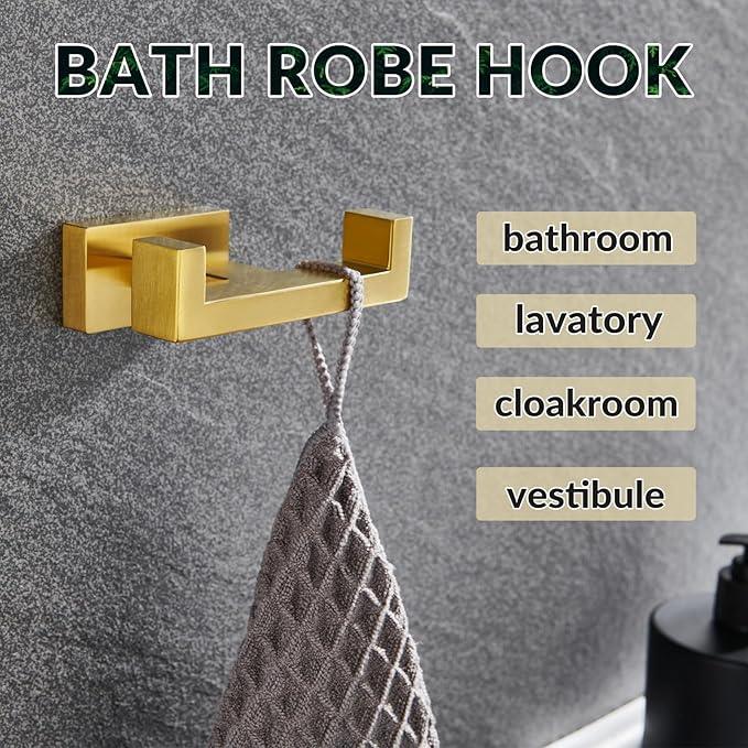 APLusee Double Robe Towel Hook Brushed Gold, 304 Stainless Steel Bathroom Hand Towel Holder, Clothes Wall Hanger for Toilet Kitchen Cabinet - ModernBath